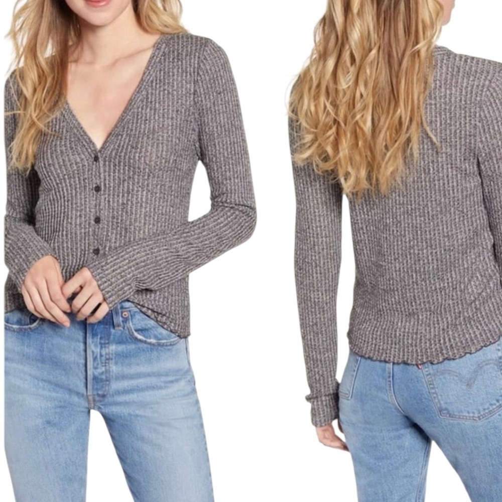 Nordstrom BP Cropped V-Neck Button Front Ribbed Gray & Black Sweater Med #2084
